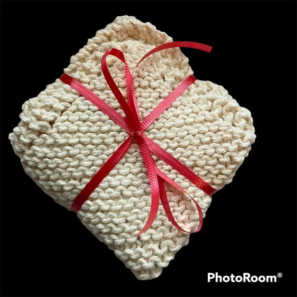 Hand Knit Dishcloths 100% Cotton Dish Cloth Washcloth Set of 3 Ivory